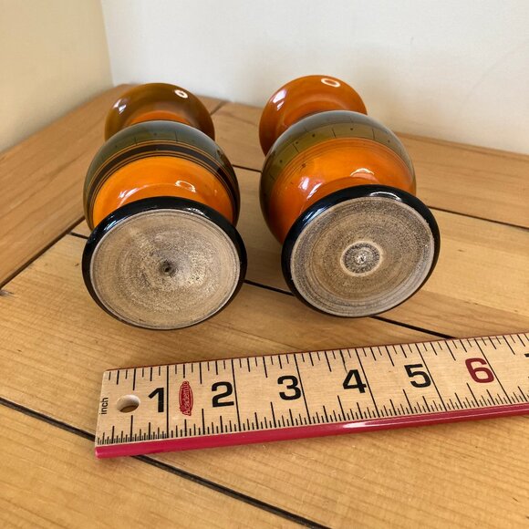Turned Wood Lacquer Decorative Vase Set of 2 Orange & Green Hand Painted Design - Picture 5 of 6